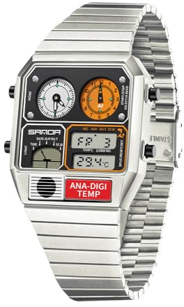 Retro Square Digital Watch with Temperature Display Unisex 7.5Inch Analog 3 Time Zones Luminous Backlight 50M Waterproof Alarm Stopwatch Week/Date (Silver White)