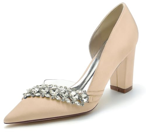 Gycdwjh 8.5cm Damen Pumps Spitz zulaufende Schuhe mit klobigen Fersen Satin Slip On Hochfrontpumps für Hochzeiten Partys formelle Veranstaltungen,Champagne,38 EU