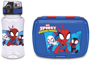 Seven Set Portamerenda + borraccia Spiderman, Divisorio interno, Borraccia 460ml ermetica, Facile da aprire, Prodotto ufficiale, Idea regalo bambini, Scuola e asilo