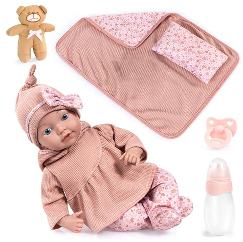 Bayer Design Reborn Babypuppe 38 cm, lebensecht, mit Zubehör | Inklusive Flasche, Schnuller, Decke, Kissen und Teddy für abwechslungsreiche Puppenspiele