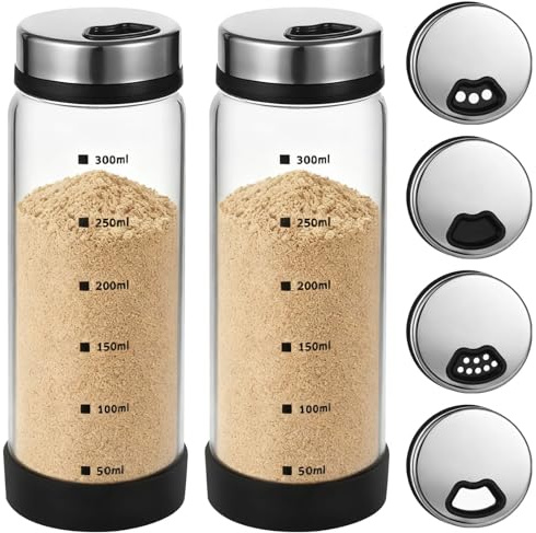 2 Pcs Salt and Pepper Shakers, 350ml Glass Spice Bottles with Adjustable Pour Holes, Spice Dispensers with Non-Slip Silicone Bases, Seasoning Jars with Rotating Steel Lids for Kitchen