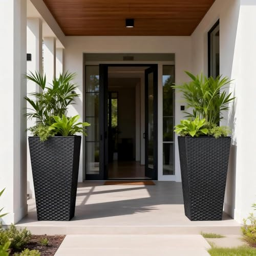Sziqiqi Macetero Alto Exterior de Metal: 2X Macetas Interior Grandes 55cm Alto con Agujeros de Drenaje Modernos para Plant Flower - Jardineras Exterior Grandes Negro para Terraza Balcon Patio