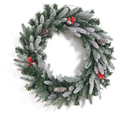 EVRE 24in/60cm Artificial Christmas Wreath with 100-Tip Evergreen with Pine Cones & Red Berries, Full Front Door Winter Wreath for Indoor or Outdoor Decoration.