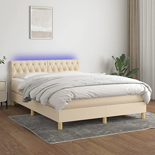 Tonture resårsäng med madrass och LED, gräddfärgat tyg, 140 x 200 cm, höjdjusterbar sänggavel, fickfjädermadrass, madrassdyna, sovrumsmöbler