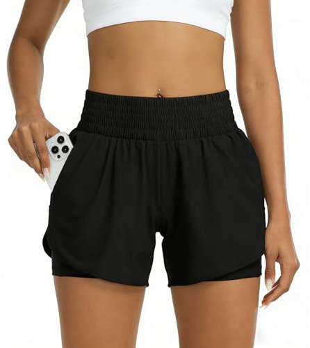 GOZINA Womens 2-in-1 Running Shorts with Phone Pocket, Lightweight Gym Yoga Ladies Sports Shorts for Running, Hiking & Training