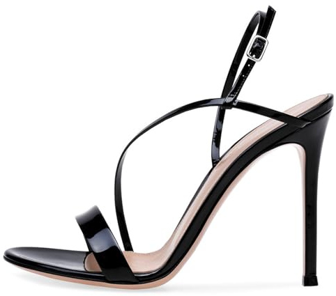 Wtharosa Sandaler Ultra High Stiletto 12 cm Kvinnor Lackerat Läder Öppen Tå Korsband Ankelrem Resort Kvällar Klackar Semester Kväll och Lyx Middag Strand, Svart, 40 EU