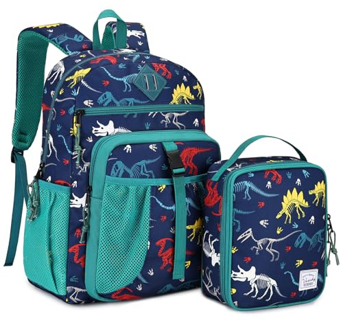 VASCHY Boy Kids Backpack & Lunch Bag Set, 2-in-1 School Bookbag with Insulated Lunch Box for Preschool, Daycare, Kindergarten & Elementary School – Navy Dinosaurs