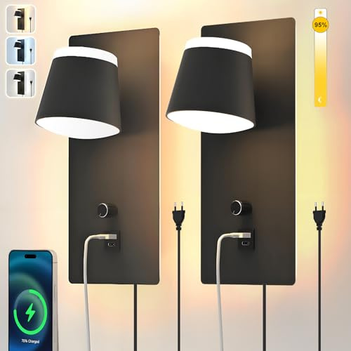 Sytmhoe 3CCT Wandlampe Innen mit USB-C, Schalter Kabel Stecker 25W 2er-Set | Schwarz dimmbar wohnzimmer schlafzimmer leselampe wandmontage, drehbar modern gästebett wandleuchte mit USB-C steckfertig