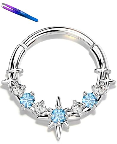 OUFER Body Piercing Septum Ring: 16G Stainless Steel Star CZ Hinged Segment Ring 8/10mm Lip Labret Piercings Cartilage Helix Tragus Daith Nose Hoops