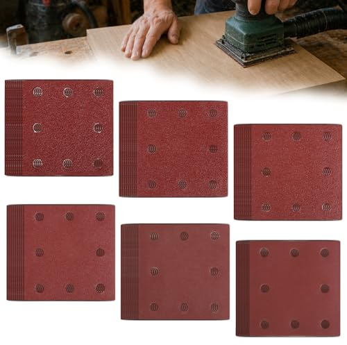 Linkstyle 110x115mm Schleifpapier Klett Set, 60 Stück | Körnung 40/60/80/120/180/240 Schleifpapiere 8 Löcher Schleifblatt für Schwingschleifer auf Holz Metall Lack Kunststoff