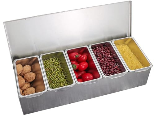 GDSKR Contenitore per ingredienti in acciaio inox, portaspezie con 5 scomparti, contenitore per ingredienti, contenitore da bar, contenitore per alimenti, con coperchio, per cucine, ristoranti, buffet