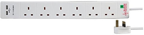 Surge Protected Extension Trailing Lead - Black/White Multi Plug USB Power Cable 1m 6 Gang 2 USB Surge, White