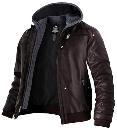 Wantdo Giubbotto in Pelle Giacca Primavera Autunno con Cappuccio Giubbotto in Pelle da Moto Leggero-Marrone L