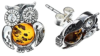 Bernstein Ohrringe Eule, gefasst in 925/000 Sterling Silber von Artisana-Schmuck