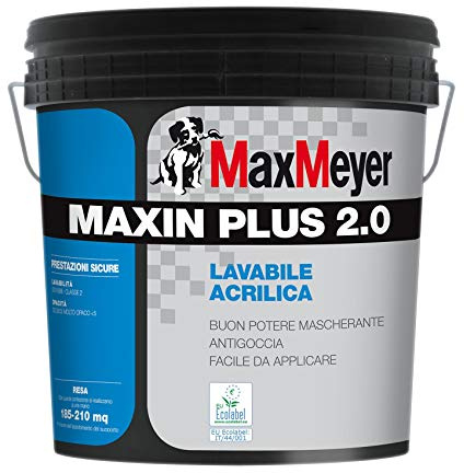 PITTURA MURALE IDROPITTURA A BASE ACRILICA Maxin Plus 2.0 ECOLOGICA Certificata EcoLAbel PER INTERNI BIANCA LT. 4 MAX MEYER