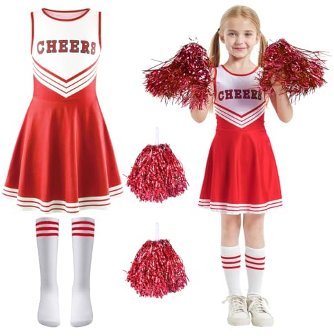 Aurasky Costume de pom-pom girl pour enfant - Robe de pom-pom girl pour fille avec chaussettes à pompons - Uniformes pour carnaval, Halloween, fête à thème