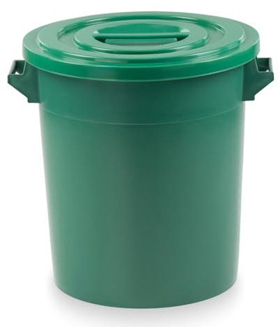50Liter Kunststofftonne mit Griffen + Deckel, stapelbar, Stabiler Eimer, Plastiktonne, Rundbehälter, Universaltonne, Allzweckeimer, Vorratstonne, Futtertonne, Mülltonne, Grün1x