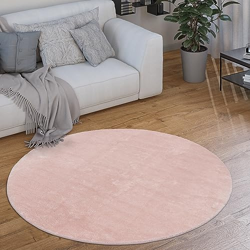 Paco Home Waschbarer Teppich Rund Wohnzimmer Kurzflor rutschfest Modern Flauschig Einfarbiges Muster, Grösse:160 cm Rund, Farbe:Rosa