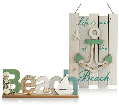 com-four® 2-teiliges Set maritime Holz-Dekoration, Hängedeko und Tischdeko | Aufsteller und Aufhänger aus Holz - nautische Wohnraumdekoration im Vintage-Stil
