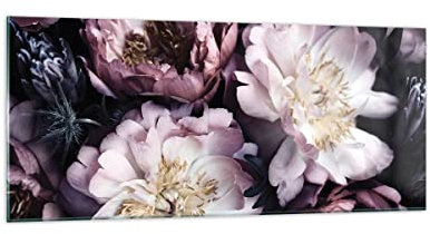 Wandbilder Dekoration Wohnzimmer Pfingstrosen Veilchen Blumen Panorama Bilder auf Glas 120x50cm Glasbild Schlafzimmer Küche Wand Kunstdruck Art Groß Wanddeko Bild im Glas Modern GAB120x50-5076