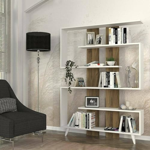 Dmora - Libreria Gienah, Scaffale da ufficio, Mobile portalibri, Biblioteca, 120x20h162 cm, Bianco e Noce