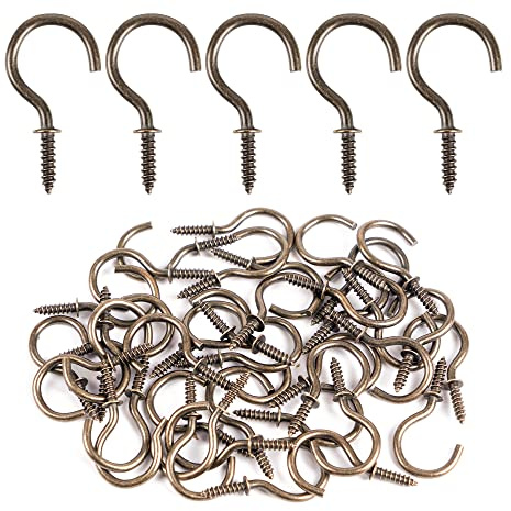 GODLOVEM 40 Pieces Antique Brass Metal Screw-in Ceiling Hooks Cup Hooks, 1.46 Inch, Bronze