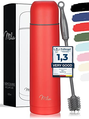 Milu Thermosflasche Thermoskanne Isolierflasche 1L, 750ml, 500ml - Isolierte Edelstahl Trinkflasche, 100% Auslaufsicher, Doppelwandisolierung (Rot, 750ml)