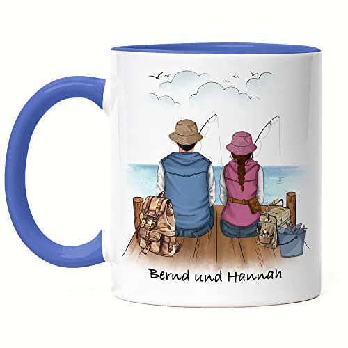 Kiddle-Design Angler Pärchen Tasse Blau Personalisiert Individuell mit Name Angeln Fischen Geschenk Jahrestag Paar Liebe Couple Angelschein