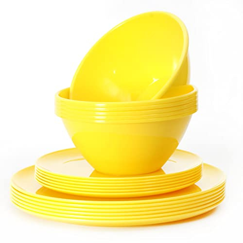 Youngever 18 Pieces Re-usable Plastic Kitchen Dinnerware Set, Plates (20CM & 25CM), Bowls (1000ML), Service for 6 (Yellow)