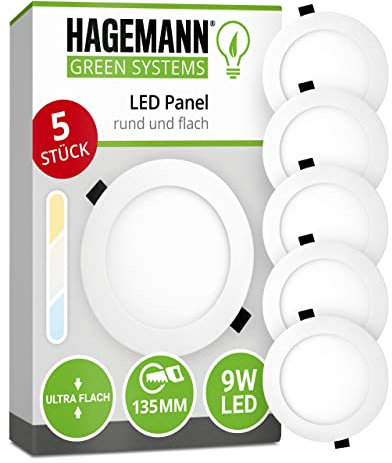 HAGEMANN 5 x LED Spot Einbauleuchte rund 9 Watt 890lm IP20 – 135mm Bohrloch 230V Einbaustrahler – LED Deckenspots ersetzen 75 W Halogen
