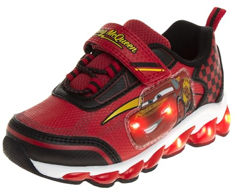 Disney Pixar Cars Lightning McQueen Shoes LED Light Up Sneakers - Kids Lightweight Tennis Breathable Athletic Shoe - Red/Yellow/Black (Size 9 Toddler)