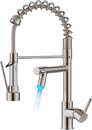 FORIOUS LED Kitchen Tap, Kitchen Mixer Taps with Two Spouts, Commercial Spring Swivels 360 Single Handle, Stainless Steel