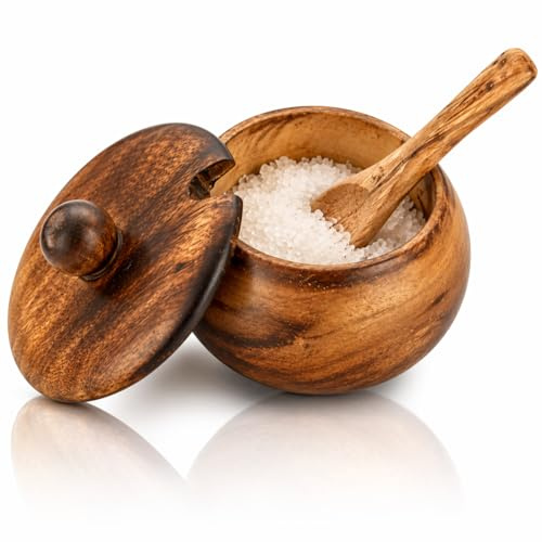 Azucarero y cuchara de madera rústica decorativa con tapa, boca ancha, tarro de caramelos, especias, condimentos, frutos secos, cuenco para servir, sal, especias, hierbas, hojas sueltas, contenedor de
