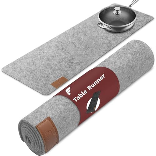 shinfly Tischläufer Filz,100x30cm Moderne Tischläufer Grau Abwaschbar | Filzläufer Tisch mit Leder Label, Table Runner für Holztische, Esstische, Gartentische oder Beistelltische (Dunkelgrau)