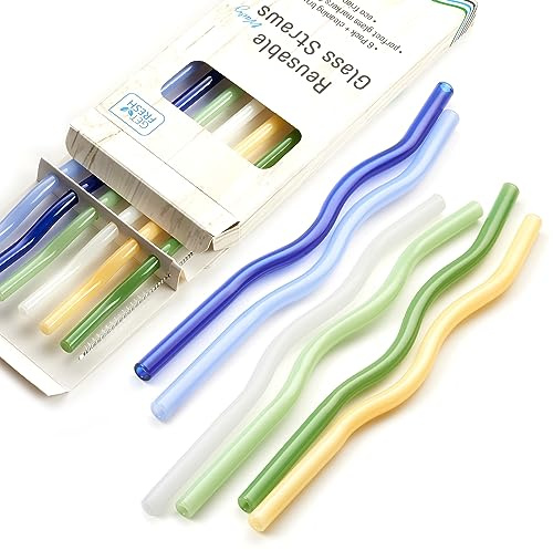 GET FRESH Gewelte Glasstrohhalme Wiederverwendbar Set - 6 Stück bunte wiederverwendbare Glasstrohhalme aus bruchsicherem Borosilikatglas - Spülmaschinenfeste Gewellte Glastrinkhalme für Cocktails