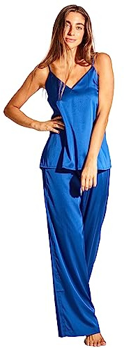 Laura in - Set di Abbigliamento Donna 2 Pezzi Pigiami di Seta Raso Tinta Unita Top con Bretelle e Pantaloni Lunghi-1603BluXL