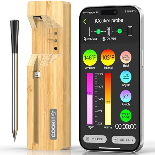 COOKIT Kabelloses Smart Fleischthermometer, 100m Bluetooth 5.3 Grillthermometer, APP Steuerung IPX7 Lebensmittelthermometer für BBQ Grill, Smoker, Ofen, Rotisserie, Airfryer, Geschenke für Ehemann