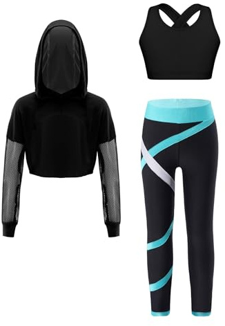 FEESHOW Kinder Trainingsanzug Mädchen Sport BH Und Leggings Set Mit Hoodie Kinder Workout Sport Outfit Jazz Dance Tanzkleidung Hip Hop Kleidung Blaugrün_A 146-152