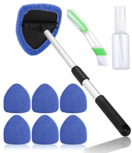 Huifoo Nettoyant Pare-Brise,Brosse de Nettoyage de Pare-Brise,Nettoyage pare brise intérieur,Nettoyage de Pare-Brise Poignée Télescopique Poignée Pivotante à 180°et 6 Tampons Lavables,Bleu CWMS09