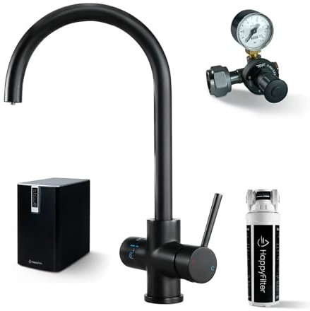 HappyFilter FizzRed Wassersprudler Wasserkocher | gekühlt | gesprudelt | kochend| 5in1 Black Wasserhahn | Kalkfilter | Wasserspender | Büro | Küche | Festwasseranschluss | 2kg CO2 Adapter