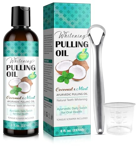 Coconut Pulling Oil (8 Fl.Oz), Mint Oil Pulling Mouthwash with Tongue Scraper,Alcohol Free Natural Mouthwash with Virgin Coconut Oil & Peppermint Oil for Fresh Breath, Teeth Whitening & Healthy Gums