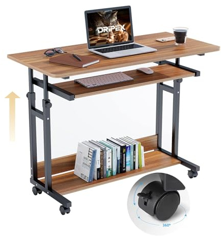 Dripex Mesa Escritorio Pequeña, 80 x 45 cm, Altura Ajustable Entre 69-90 cm, con Ruedas y Estante para Teclado, para Oficina en Casa Salón Dormitorio, Nogal