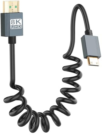 CERRXIAN Cable mini HDMI a HDMI 8K, cable espiral Ultra HD de alta velocidad HDMI a mini HDMI 2.1, soporta 8K 4K 3D y HDR dinámico hasta 48 Gb/s, compatible con TV, PC, etc. 0,9 m