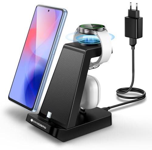 seacosmo 3 in 1 Ladestation, 18W Samsung Ladegerät handyhalterung für Galaxy Buds und Samsung A55/A54/A36/A35/A34/A16/A15/A14, Wireless Charger Stand für Galaxy Watch FE/8/7/6/5/4/3/Pro/Classic/Active