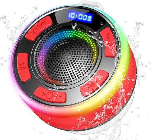 Bluetooth Shower Speaker, Portable Wireless Speaker IP7 Waterproof Speaker 360° Surround Sound, Bulit-in Mic, LED Light, Bathroom Speaker with Suction Cup for Bathroom, Party, Outdoor, Travel, Red