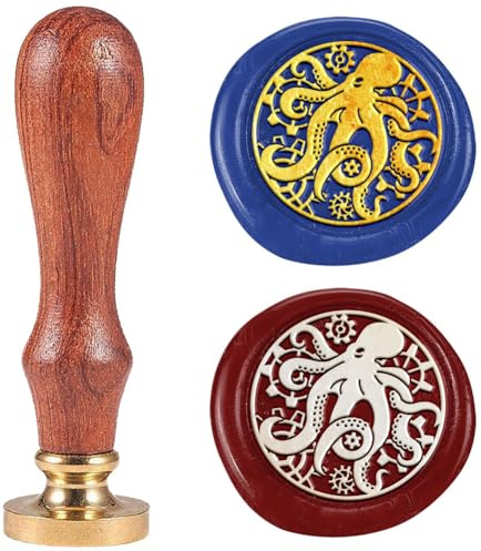 DELORIGIN Steampunk Wachssiegelstempel Mit Oktopus 25mm Abnehmbarer Messingkopf Mit Holzgriff Personalisiert Wachssiegel Stempel für Hochzeit Halloween Einladungskarten Festival Geschenkdekor