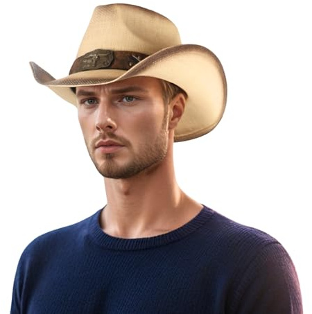 Straw Cowboy Hat for Men & Women | Handcrafted Western Hat with Leather Band | Classic Wide Brim Sun Protection Hat | Lightweight, Breathable & Stylish for Outdoor Adventures, Festivals & Ranch Wear