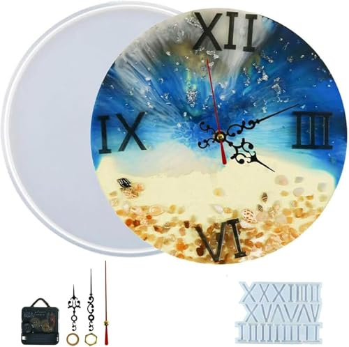 JUSTUP Harz-Form für Wanduhr mit römischen Ziffern, Uhranhänger, Kunstharzform mit Uhrwerk, rundes Zifferblatt, Silikonformen-Set für Bastelarbeiten, Wandbehang, Ornamente, Heimdekoration (37,1 cm)