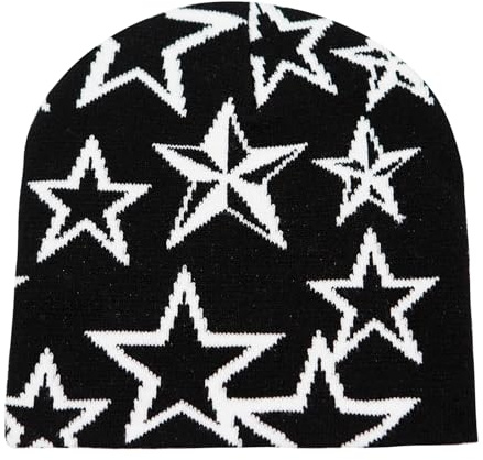 YAMEIZE Trendige Mütze Y2K Sternmuster Strickmützen - für Damen Herren Beanie Star Mütze Weiche Elastische Slouchy Strickmütze Winter Schädelmütze Outdoor