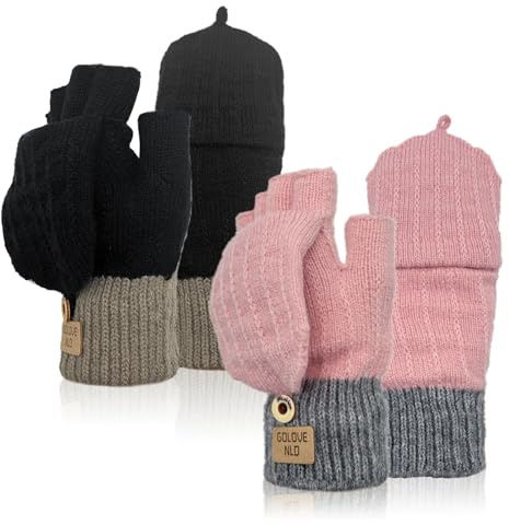 FUIPVGI 2 Paar Fingerlose Handschuhe, Thermo Winterhandschuhe Damen, Fingerlose Touchscreen Flip Thermo Flauschige Handschuhe, Weiches Futter, Zopfmuster, für Radfahren, Skifahren, Wandern (Schwarz,